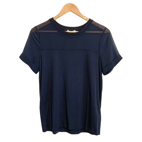 Warehouse Navy Blue Short Sleeve Sheer Top Blouse - Picture 1 of 7